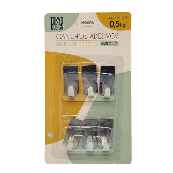 GANCHOS ADESIVOS INOX RETANGULAR 6 PEÇAS