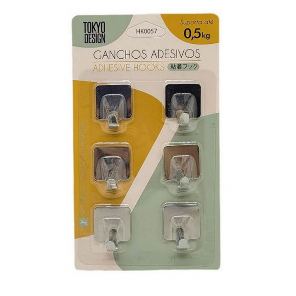 GANCHOS ADESIVOS INOX QUADRADO 6 PEÇAS