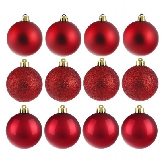 BOLA NATAL MISTA VERM -MED- 5CM-12 PEÇAS NO TUBO