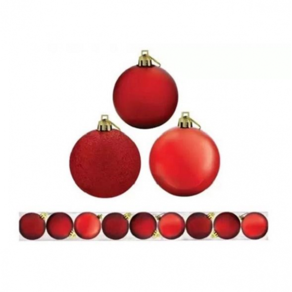 BOLA NATAL MISTA VERM -GRD- 6CM-9 PEÇAS NO TUBO